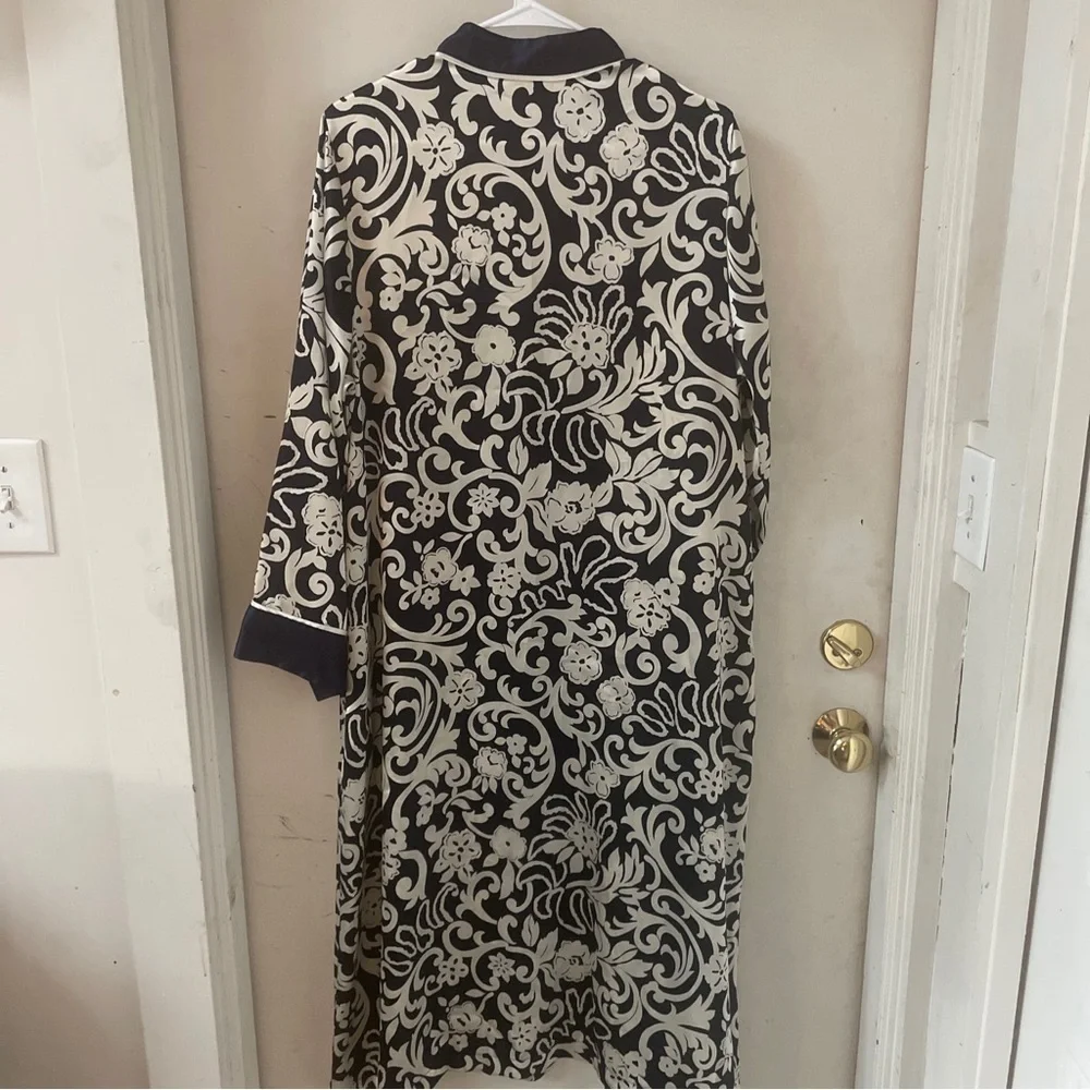Natori Vintage Full Zip Caftan Robe & Gown Set Navy Neiman Marcus Long Kimono M